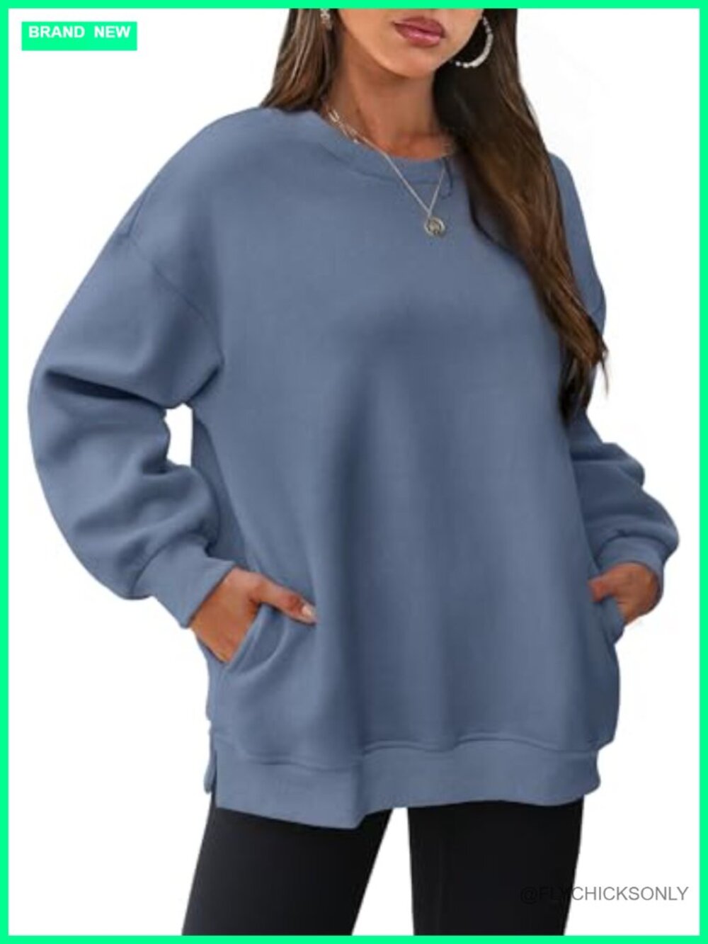 Oversized Crewneck Fleece Sweatshirt Pullover with Side Slits